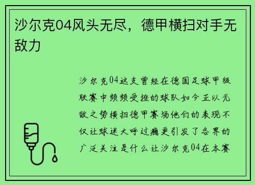 沙尔克04风头无尽，德甲横扫对手无敌力